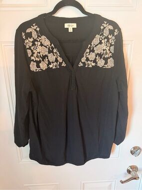 Style & Co. Black Long-Sleeve Top with Cream Floral Embroidery